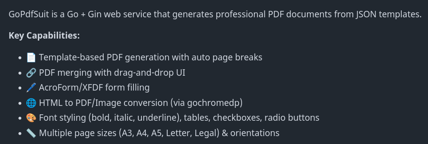 golangch's tweet photo. A powerful Go web service for template-based PDF generation with multi-page support, PDF merging, form filling, and HTML to PDF/Image conversion
#golang

https://t.co/ch0SB4pw3C https://t.co/wnkwpDLoWz