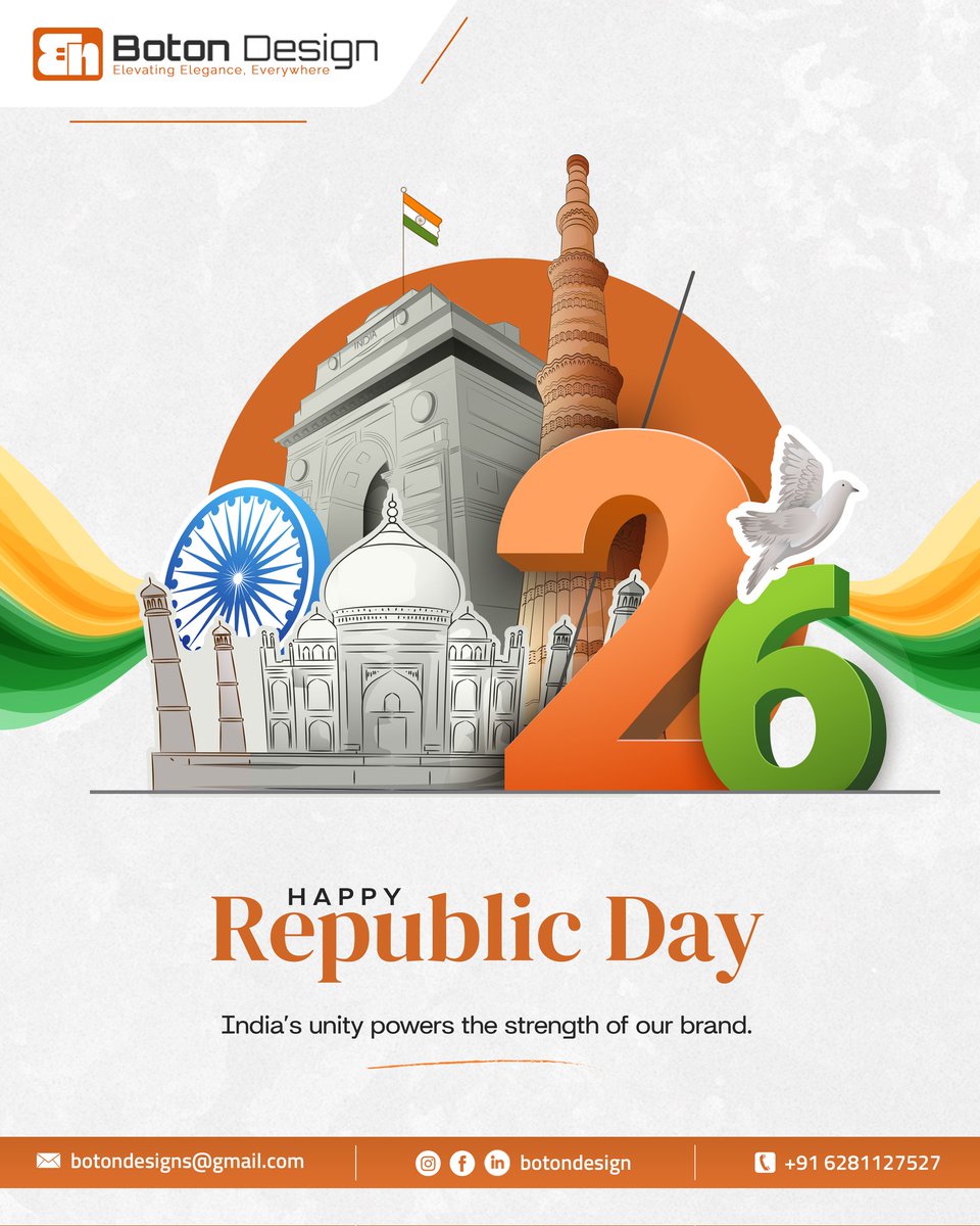 BotonDesign's tweet photo. Honoring the heritage that inspires our designs and the unity that strengthens our nation. Happy 77th Republic Day 
#RepublicDay2026
#77thRepublicDay
#VandeMataram150
#ViksitBharat
#botondesign https://t.co/CWH5oIlsTP
