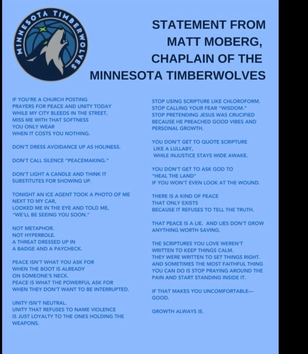 StephsMundo's tweet photo. @allenanalysis THIS from Matt Moberg, the Chaplain from the Minnesota Timberwolves calling for authentic action over performative prayers. Read the full statement below. 
POWERFUL💖 https://t.co/3RMB4qfElk