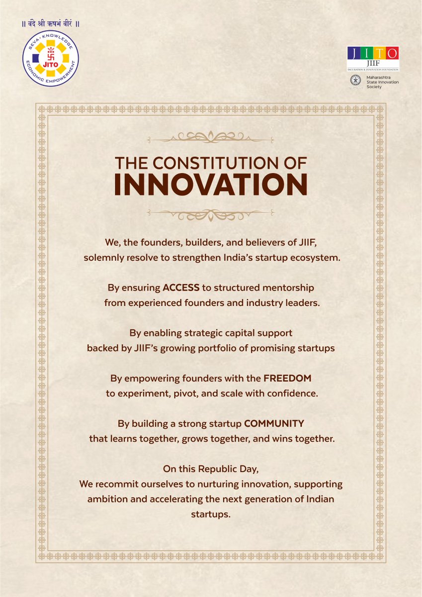 A Promise to India’s Future! 🇮🇳
This #RepublicDay, we celebrate the spirit of innovation, entrepreneurship, and the builders shaping an Atmanirbhar Bharat.
Committed to backing bold ideas and a stronger startup ecosystem.#HappyRepublicDay #StartupIndia #AtmanirbharBharat #JaiHind