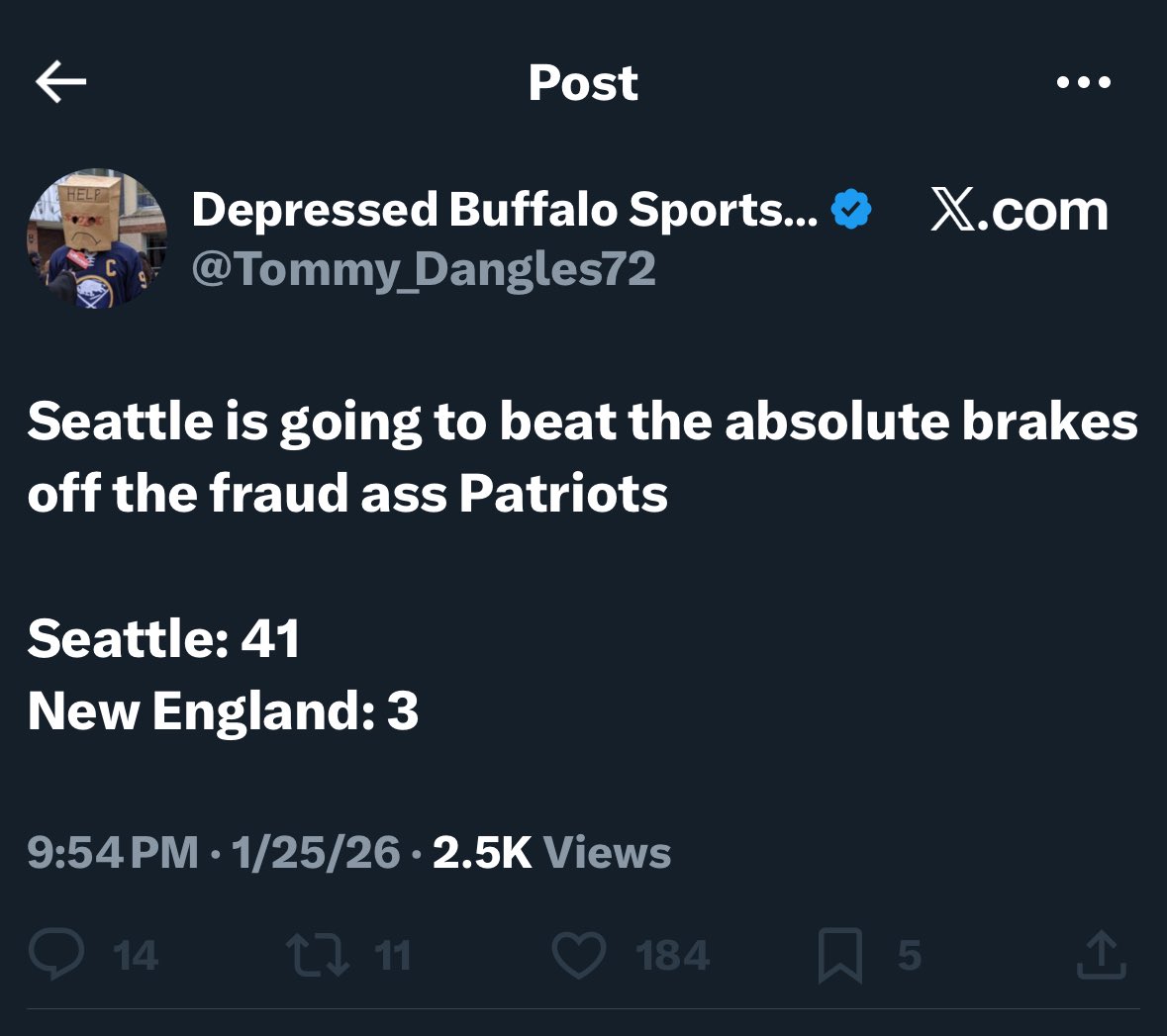 Since <a href="/Tommy_Dangles72/">Depressed Buffalo Sports Fan</a> the fucking retard wanted to block me before I could reply, here it is.  Seattle is NOT going to blow the Patriots out.  Fucking moron hasn’t been paying attention.