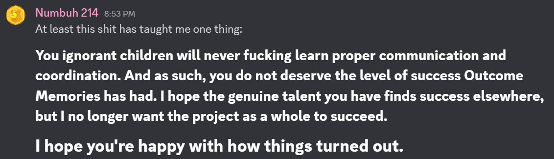 My thoughts on the Outcome Memories situation.

You want to talk to me about it further? My DM's here should be open; and I'm not that hard to find on Discord or anywhere else.

#JusticeForRomeo