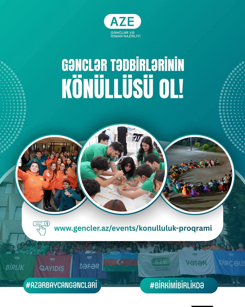 📣 Gənclər və İdman Nazirliyi 2026-cı il ərzində keçiriləcək yerli və beynəlxalq əhəmiyyətli gənclər tədbirləri üçün könüllülük proqramını elan edir. 
i