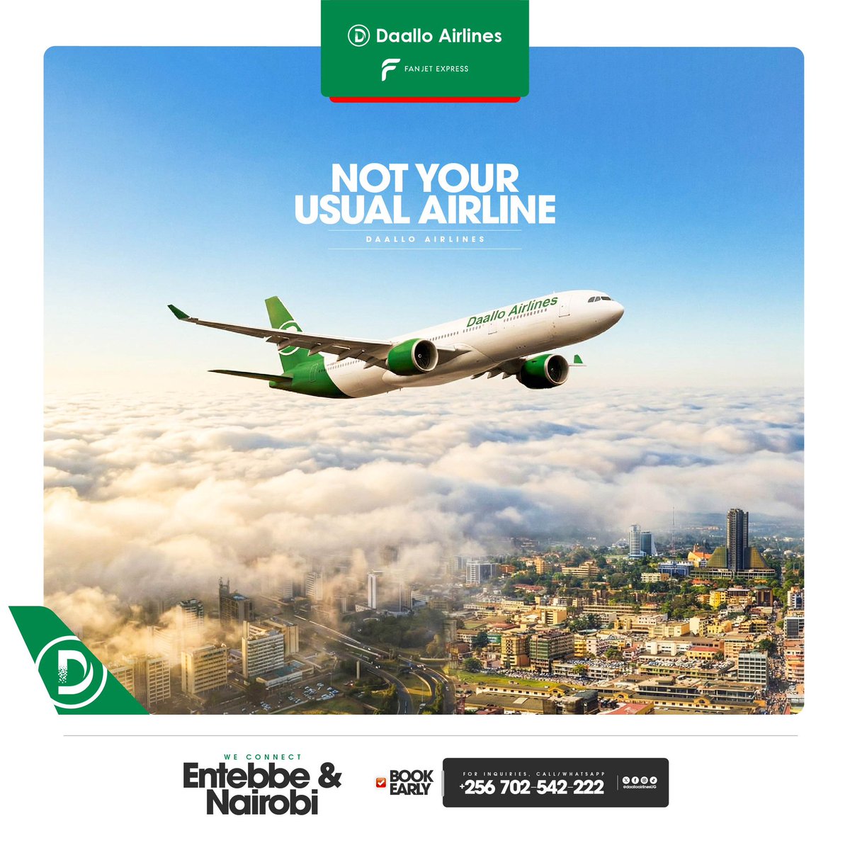 daalloairlineug's tweet photo. Not your usual airline ✈️
And that’s the point.

📞 0702542222
💵 From $140

#FlyDaallo #DaalloAirlinesUG #FanjetExpress https://t.co/8vc1BNHXmn