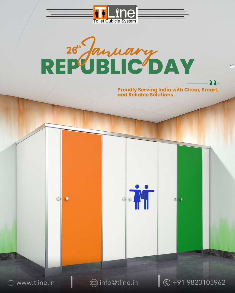 TLineinnerspace's tweet image. From design to dignity -
We’re proud to support a cleaner, stronger India 🇮🇳
Happy Republic Day!

T-Line | Toilet Cubicle System
Smart Design | Clean Aesthetics | Lasting Impressions
tline.in | info@tline.in

#TLine #ToiletCubicles #RestroomPartitions
