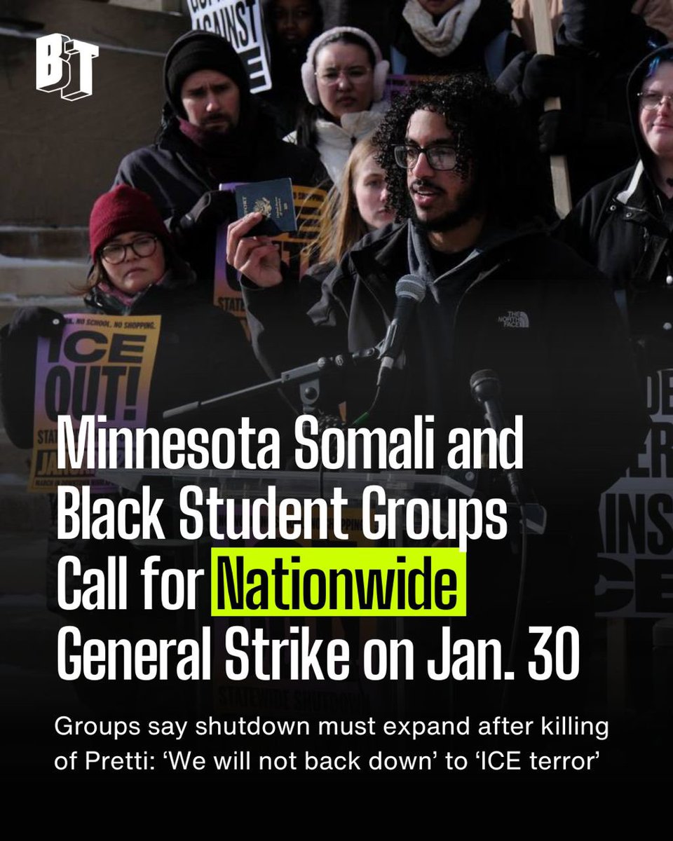 BTnewsroom's tweet image. BREAKING: One day after the killing of Alex Pretti, and with a Senate vote looming about whether to renew funding for ICE, the student organizations that mobilized heavily for Friday’s massive “shutdown” in Minneapolis are calling for a repeat this Friday, “expanded” nationwide.