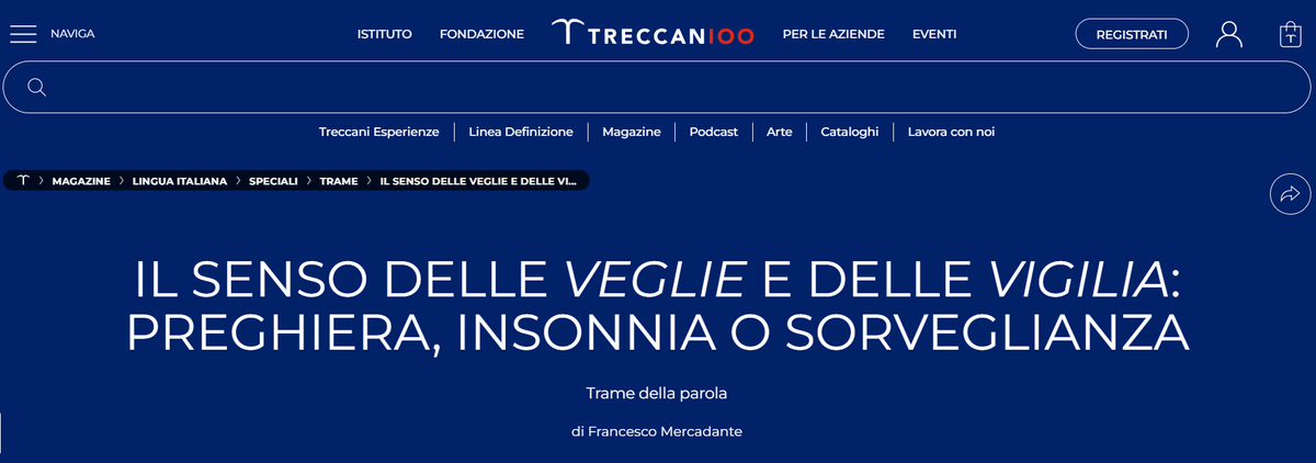 Perché diciamo «𝐩𝐚𝐬𝐬𝐚𝐫𝐞 𝐥𝐚 𝐧𝐨𝐭𝐭𝐞 𝐢𝐧 𝐛𝐢𝐚𝐧𝐜𝐨»? Dalla veglia d’armi alla liturgia: veglia/vigilia tra preghiera, insonnia e sorveglianza - con una sorpresa etimologica (*weg- → vigore).

Leggi su <a href="/Treccani/">Treccani</a>: treccani.it/magazine/lingu…