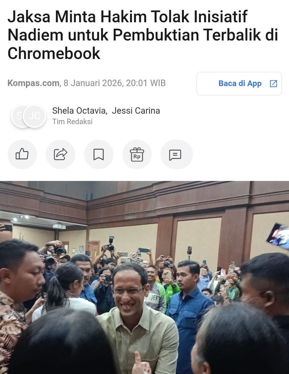 Ditantang Nadiem Makariem melakukan pembuktian terbalik atas kekayaan yang dimiliki, Jaksa takut dan minta hakim menolak usulan Nadiem Makariem.

Merasa dirinya bersih, nuduh orang lain korupsi, giliran ditantang melakukan pembuktian terbalik takut.
Penegak hukum macam apa ini.🤣