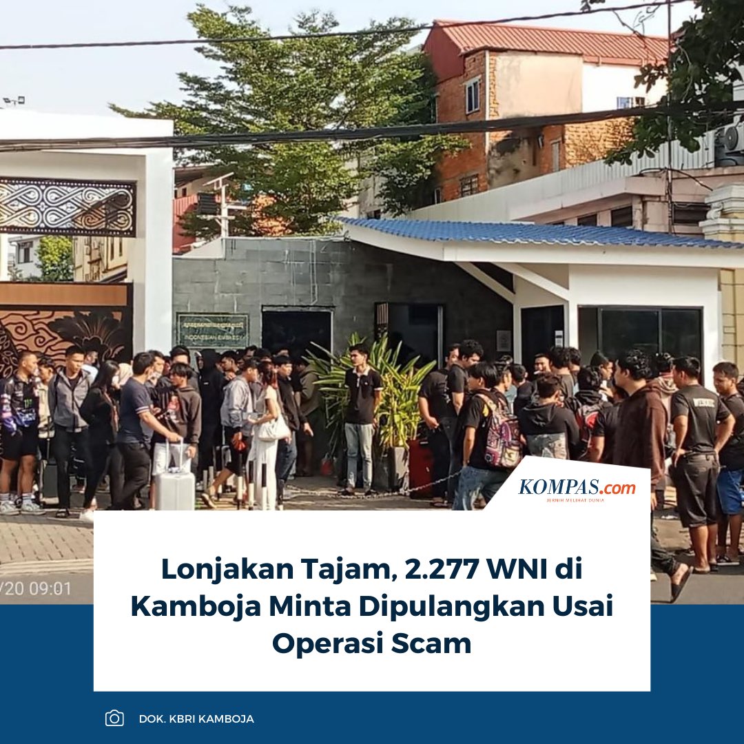 kompascom's tweet image. KBRI Phnom Penh mencatat 2.277 WNI di Kamboja meminta bantuan pulang hingga 24 Januari 2026. Lonjakan laporan terjadi usai operasi besar-besaran Kamboja terhadap pusat penipuan daring.

Baca selengkapnya: nasional.kompas.com/read/2026/01/2…

_RKD #KBRI #Kamboja #wni