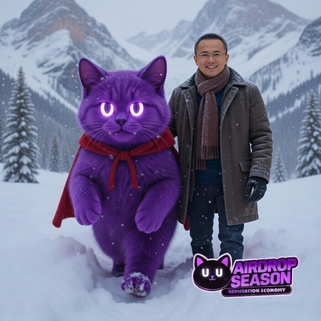 Zeronine3105's tweet photo. “Purple cat spotted chilling with CZ in the snowy peaks 🏔️😼💜
Airdrop season heating up even in the cold…
Who’s ready to climb to the moon with us? 🚀 #ForuruAI #AirdropSeason #CZBinance #RepEconomy” @foruai https://t.co/fvKEXXjxnL