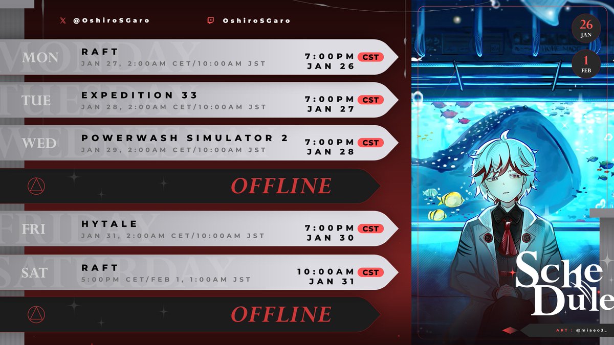 Heyo! We are gonna be playing Hytale on stream this week! We are also doing some more Expedition 33, Raft, and PowerWash Simulator 2!

Keep an eye out on my YouTube channel these next few coming days too, it's about to get livelier! Let's have a fun week! ✨