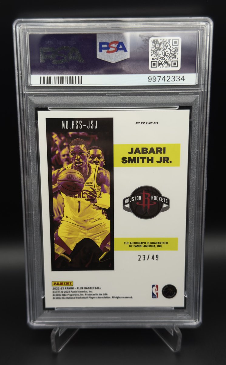 teekobandz's tweet image. They are not all 10’s, still happy! Jabari Smith Jr. Flux Hot Stock Signatures-Red duo 🔥
PSA 9 Mint auto + 23/49 parallel. Rockets forward on the rise—future gem, value incoming? 🚀@CardPurchaser #HoustonRockets #JabariSmith #CardRip #AutoCards