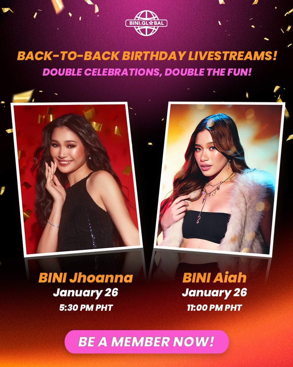 BINI_ph's tweet image. Craving something sweet? Gotchu Blooms!🍭 It’s a back-to-back birthday livestream celebration you won’t want to miss!😍

🎂 @bini_jhoanna – Jan 26 | 5:30PM
🎂 @bini_aiah – Jan 26 | 11:00PM

Sign up on BINI Global and celebrate with us!
🔗 bit.ly/BINIExclusiveM…

#BINI…