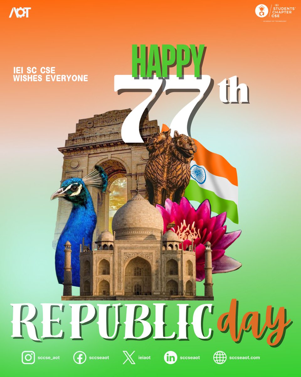 IEI SCCSE wishes you a proud and glorious 77th Republic Day 🇮🇳✨

Celebrating the spirit of freedom, the strength of our Constitution,
and the unity that makes India unstoppable.

Let’s keep building a nation worthy of our heroes. ❤️‍🔥
