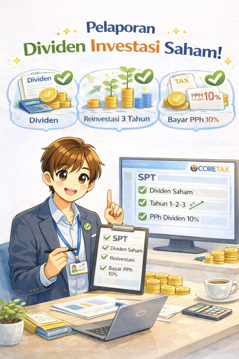 Rudiyanto_zh's tweet photo. Lapor SPT 2026 via Coretax : Bagian 9 Dividen Saham, Reinvestasi Bebas Pajak atau Bayar Pph Final 10%

Bagian ini membahas tata cara pelaporan reinvestasi dividen yang terpisah dari pelaporan SPT dan tata cara pembayaran PPh final 10% jika memilih tidak mau reinvestasi