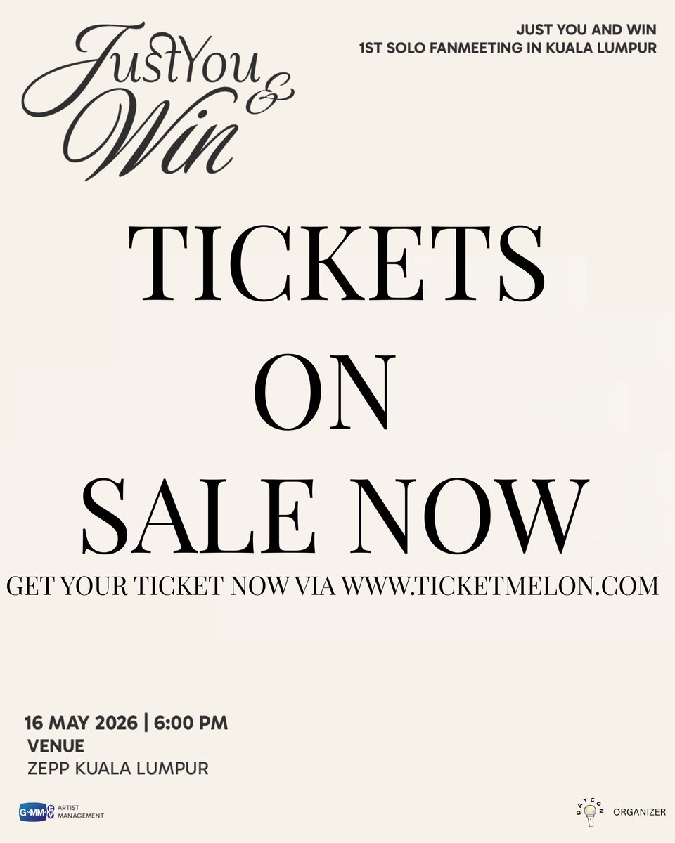 DAYCON_ENT's tweet image. 🎟️ Tickets are on sale now!
💙 JUST YOU &amp;amp; WIN
1st Solo Fan Meeting in Kuala Lumpur

Secure your seat now:
👉 ticketmelon.com/daycon/winmeta…
 
#JustYouandWin1stsoloFMinKualaLumpura b #winmetawin
@winmetawin
#GMMTV #DAYCON
