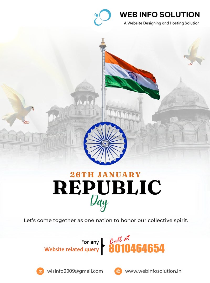 webinfo2009's tweet photo. Wishing you all a very Happy Republic Day.

Make your business online with Web Info Solution.
Visit at: https://t.co/PtglGx0mQh

#HappyRepublicDay #RepublicDay2026 #BusinessPromotion #CreateYourBusinessOnline #WebDesign #businesswebsite #WebsiteDevelopment #WebHosting https://t.co/GHn33Vt5la