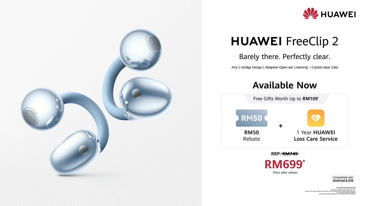 Designed with intention, built for everyday life. The all-new #HUAWEIFreeClip2 delivers lasting comfort through the Airy C-bridge Design, resting gently and securely on your ears for effortless all-day wear. 

🛒HUAWEI Official Website
bit.ly/FreeClip2-FB-H…

#HUAWEIMY