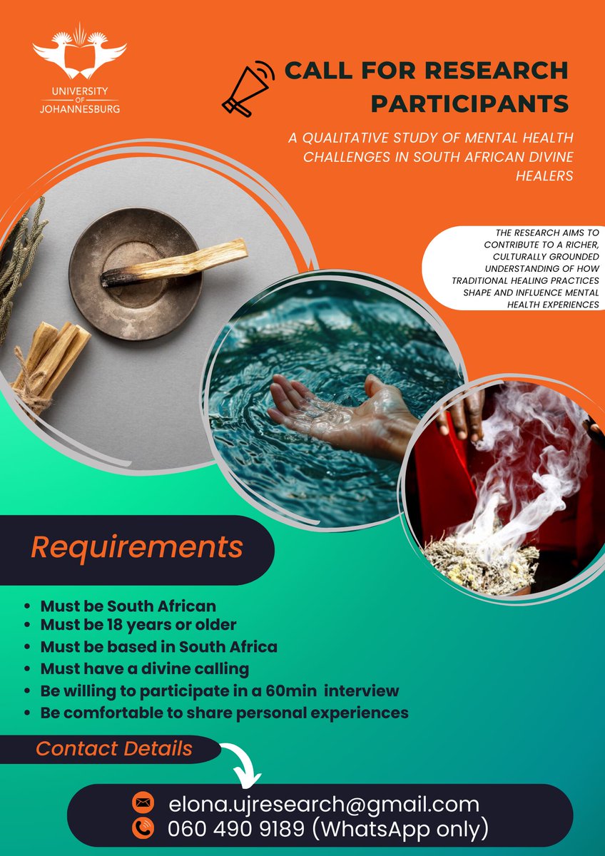 Hi, I’m Elona, a postgrad student at the University of Johannesburg (UJ). The study explores the mental health challenges experienced by South African divine healers.

Alternative to the contact details, click on the below link to indicate your interest: 
forms.office.com/r/Au1d9WqQRa