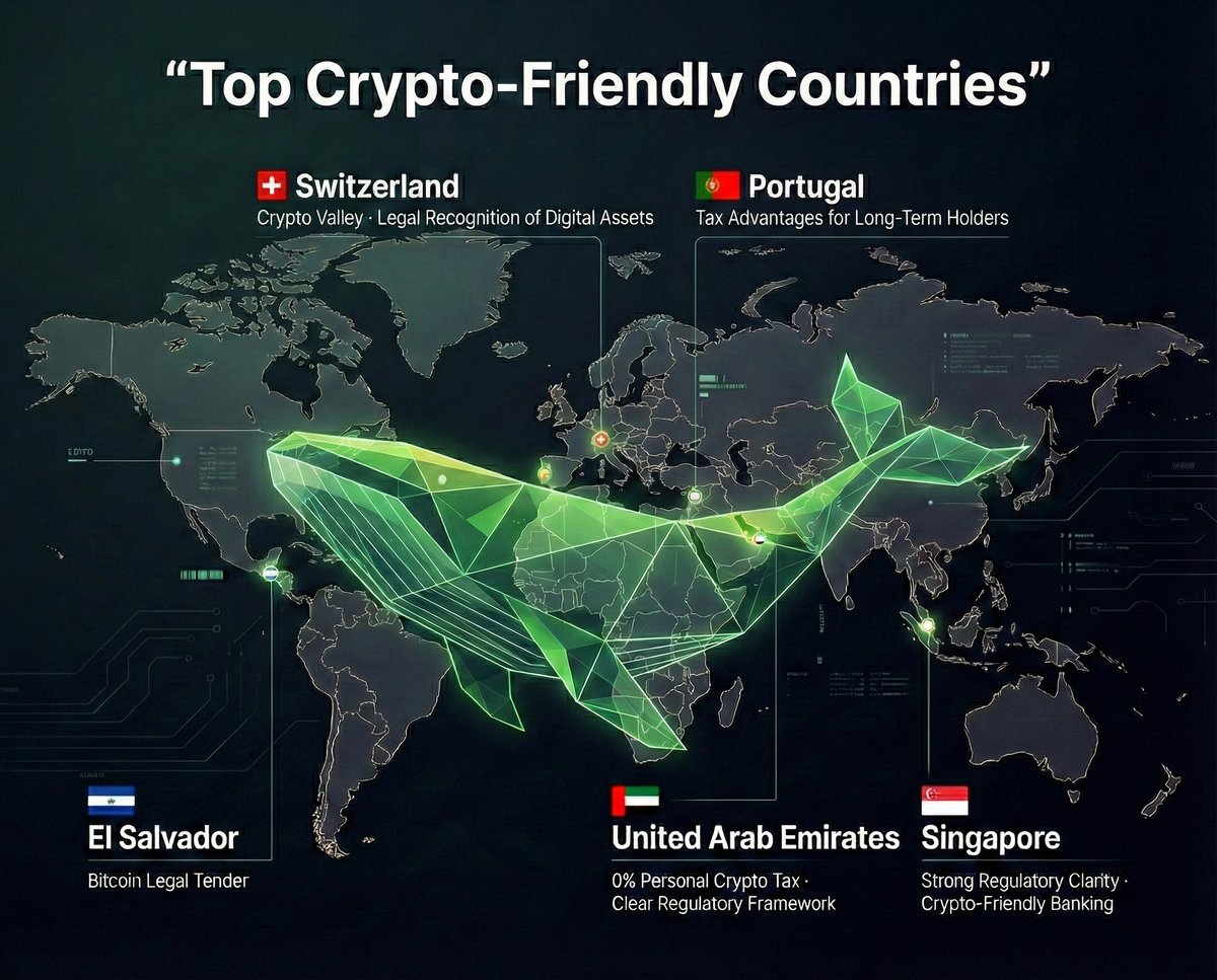 🌍 Crypto-friendly countries 👇 🇨🇭 Switzerland | 🇵🇹 Portugal | 🇸🇻 El  Salvador | 🇦🇪 UAE | 🇸🇬 Singapore 📍 Where crypto lives matters. #Crypto  #Bitcoin #Web3