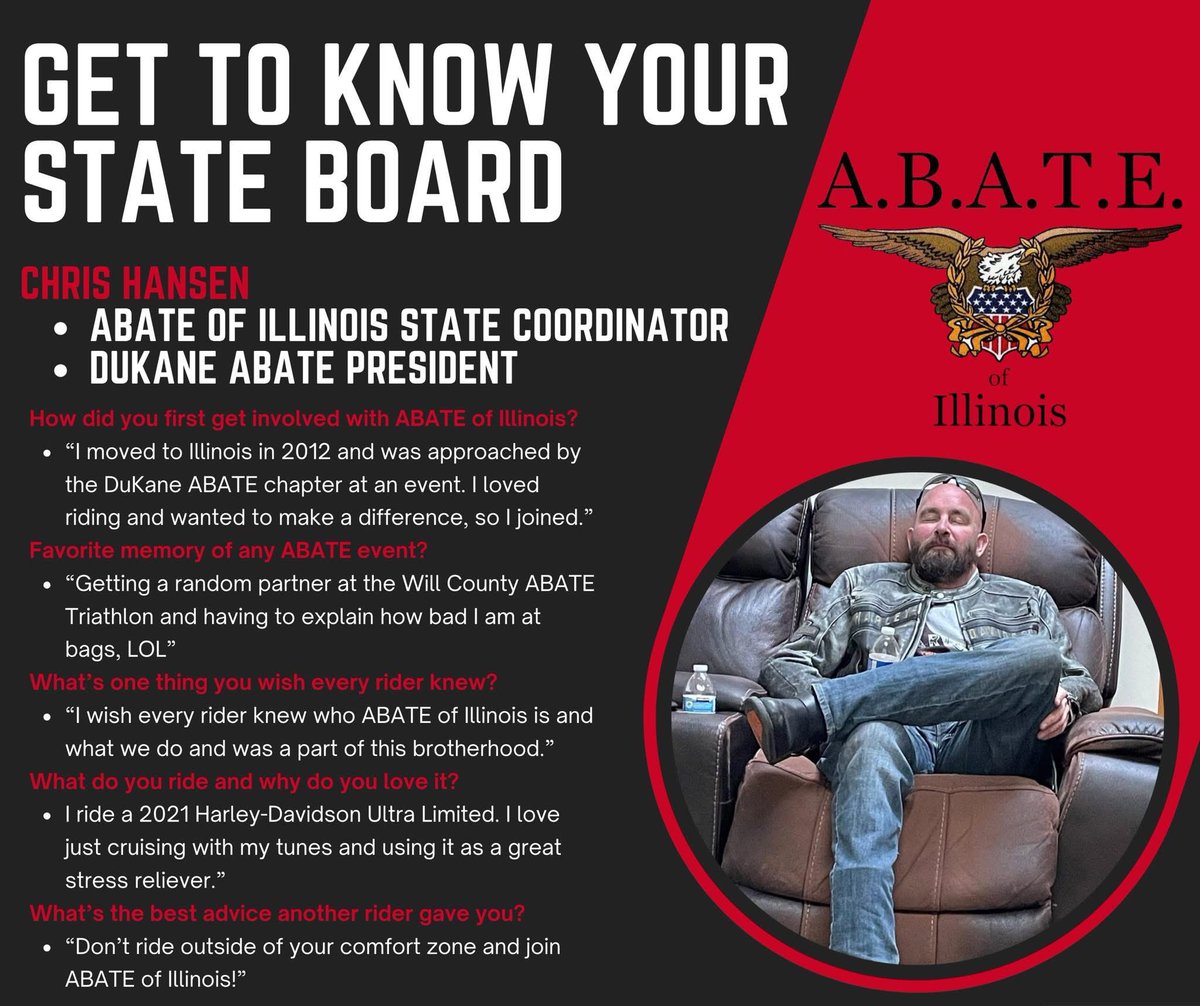 New little segment on the social media getting to know your different members. What better way to start than our leader <a href="/c_hansen84/">Chris Hansen</a>! #twill #ABATEIL🏍️🇺🇸