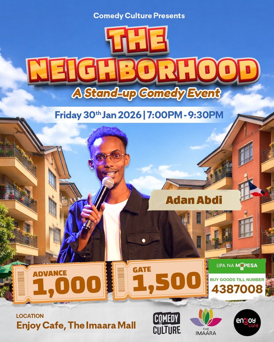 Catch <a href="/Adan_Abdii/">Abutrika_</a> this Friday, 30th January at The Neighborhood comedy show happening at Enjoy Cafe, <a href="/theimaaramall/">The Imaara Mall</a>. Get tickets through M-pesa Till - 4387008