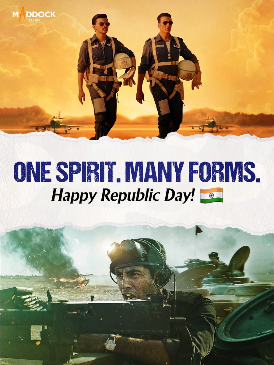MaddockFilms's tweet image. From the skies to the ground, we stand proud 🇮🇳
Happy Republic Day!

#RepublicDay #SkyForce #Ikkis #DineshVijan #MaddockFilms