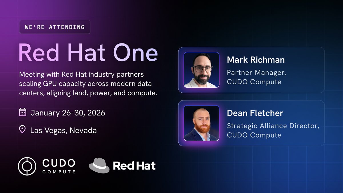 #AI at scale is an operations problem before it is a model problem.

In Las Vegas today, CUDO Compute is in <a href="/RedHat/">Red Hat</a> ecosystem discussions on power density, activation timelines, and control at scale.

Dean &amp; Mark from our team are attending. #LifeAtRedHat