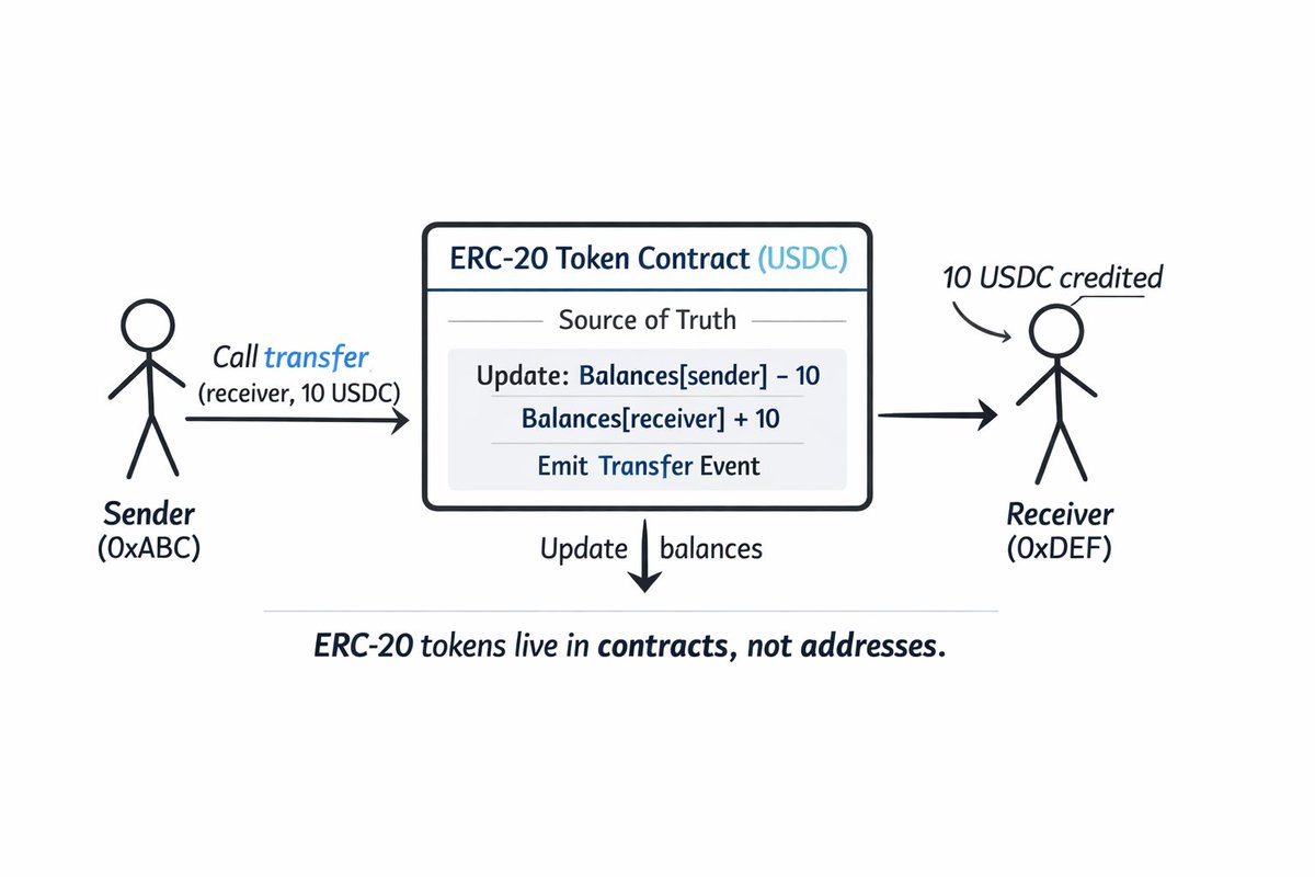 Addresses on Ethereum can only “hold” ETH. So how do ERC-20 tokens like  USDC get sent? ERC-20s live inside smart contracts that track balances for  addresses. Sending a token = calling the