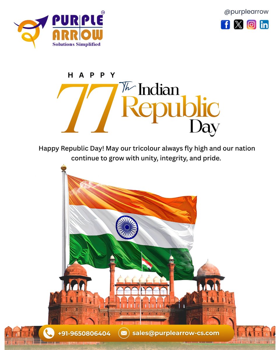 purplearroww's tweet photo. Proud of our past, committed to our future — Happy 77th Republic Day
.
#RepublicDay #IndiaAt77 #PrideOfIndia #UnityInDiversity #Tricolour https://t.co/yzeU2vi3yp