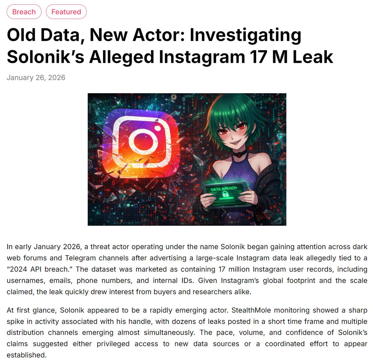 stealthmole_int's tweet photo. Old Data, New Actor: Investigating Solonik’s Alleged Instagram 17 M Leak

This report documents how StealthMole was used to trace the origins, movement, and rebranding of this dataset across forums, Telegram channels, and domains, ultimately challenging Solonik’s claims and highlighting the growing trend of breach recirculation under false timelines.

https://t.co/9sxO0ExJ7E