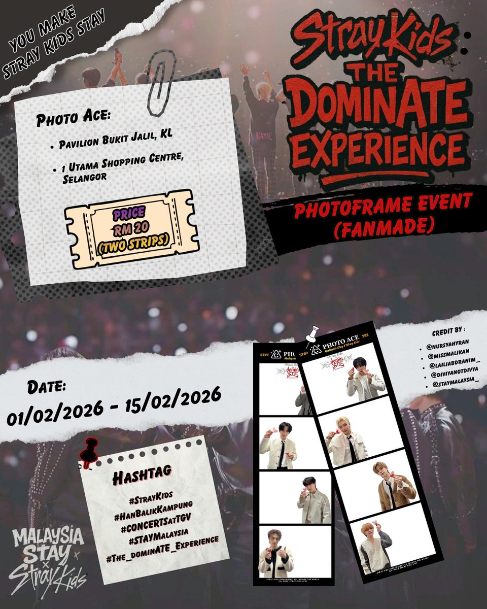 malaysia_stay's tweet image. STRAY KIDS The DominATE Experience Photoframe Event

📍PhotoAce Pavilion Bukit Jalil, Kuala Lumpur
📍PhotoAce 1 Utama, Selangor
📍Lime Snap, Ipoh, Perak
📍Lime Snap, Penang
🗓️ 01/02/26  - 15/02/26

#StrayKids #HanBalikKampung #CONCERTSatTGV #STAYMalaysia #The_dominATE_Experience