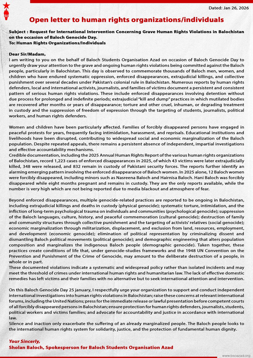 𝐎𝐩𝐞𝐧 𝐥𝐞𝐭𝐭𝐞𝐫 𝐭𝐨 𝐡𝐮𝐦𝐚𝐧 𝐫𝐢𝐠𝐡𝐭𝐬 𝐨𝐫𝐠𝐚𝐧𝐢𝐳𝐚𝐭𝐢𝐨𝐧𝐬/𝐢𝐧𝐝𝐢𝐯𝐢𝐝𝐮𝐚𝐥𝐬

𝐒𝐮𝐛𝐣𝐞𝐜𝐭 : 𝗥𝗲𝗾𝘂𝗲𝘀𝘁 𝗳𝗼𝗿 𝗜𝗻𝘁𝗲𝗿𝗻𝗮𝘁𝗶𝗼𝗻𝗮𝗹 𝗜𝗻𝘁𝗲𝗿𝘃𝗲𝗻𝘁𝗶𝗼𝗻 𝗖𝗼𝗻𝗰𝗲𝗿𝗻𝗶𝗻𝗴 𝗚𝗿𝗮𝘃𝗲 𝗛𝘂𝗺𝗮𝗻 𝗥𝗶𝗴𝗵𝘁𝘀 𝗩𝗶𝗼𝗹𝗮𝘁𝗶𝗼𝗻𝘀 𝗶𝗻