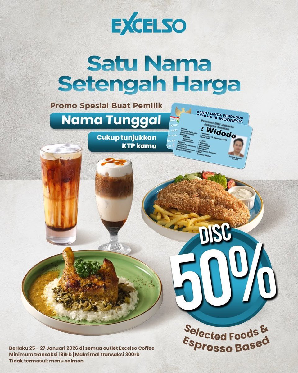 Spesial untuk Kangmas lan Dianjeng yang memiliki nama tunggal dan nikmati diskon 50% untuk menu favorit Excelso!

Grab your ID and visit us now at Excelso, Ground Floor Galeria Mall ☕️
