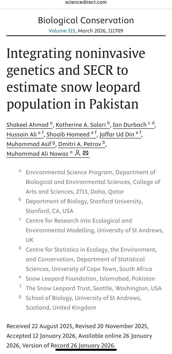 asif_ecologist's tweet photo. Our paper “Integrating noninvasive genetics and SECR to estimate snow leopard population in Pakistan” is out. Years of hard-work and dedication by our team in mountains of Northern Pakistan and finally we have reliable estimates for its population. 
https://t.co/qvnpPhnZMG https://t.co/FWp9WgVenS
