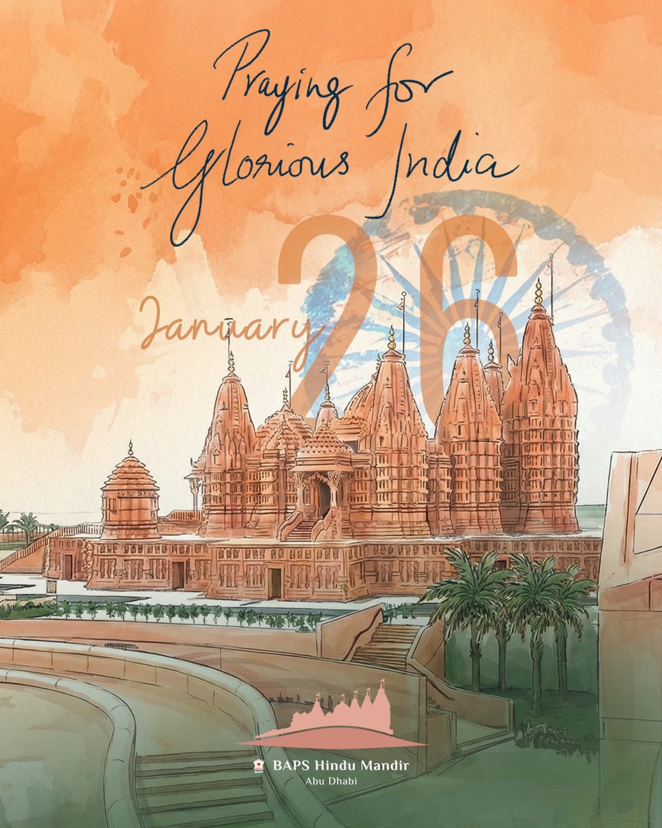 From the Abu Dhabi Mandir, we offer our prayers on India’s Republic Day, for a glorious Bharat that rises in righteousness, glows with unity, and leads the world with wisdom, peace, and purpose. #AbuDhabiMandir