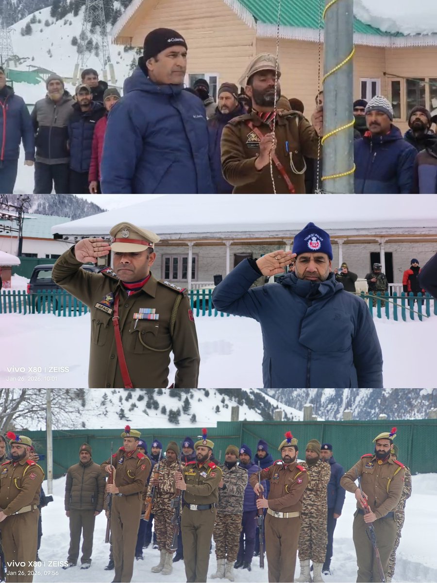 Tourismsonamarg's tweet photo. 77th Republic Day celebrated with pride at Sonamarg 🇮🇳
CEO Sonamarg Mr. Mukhtar Ahmad unfurled the National Flag. 
Mr. Afaq (SHO Sonamarg), Tourist Police, Forest Protection forc, Wildlife Deptt, and other officials were present, reflecting unity &amp; commitment to national values https://t.co/CjnYCzPx4V