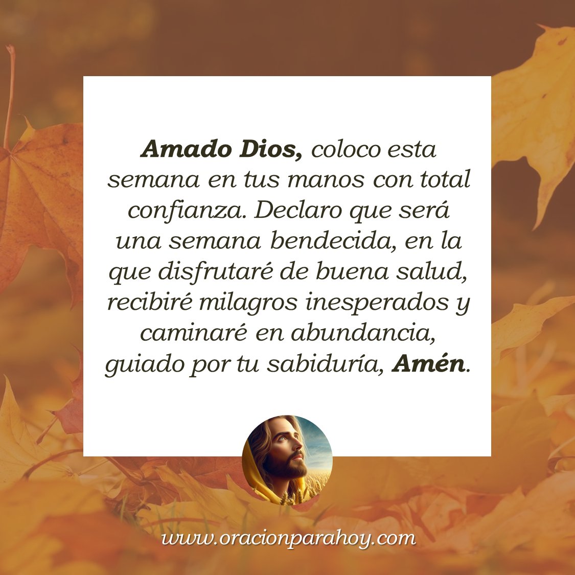 ORACIÓN POR UNA SEMANA DE SALUD, MILAGROS Y PROSPERIDAD: Señor, Te pido que en esta nueva semana bendigas mis planes, mis esfuerzos y todo lo que emprenda y que esta sea una semana llena de paz, salud, milagros y prosperidad.

Mira este vídeo en: youtu.be/mh65E_IyrdE ✨