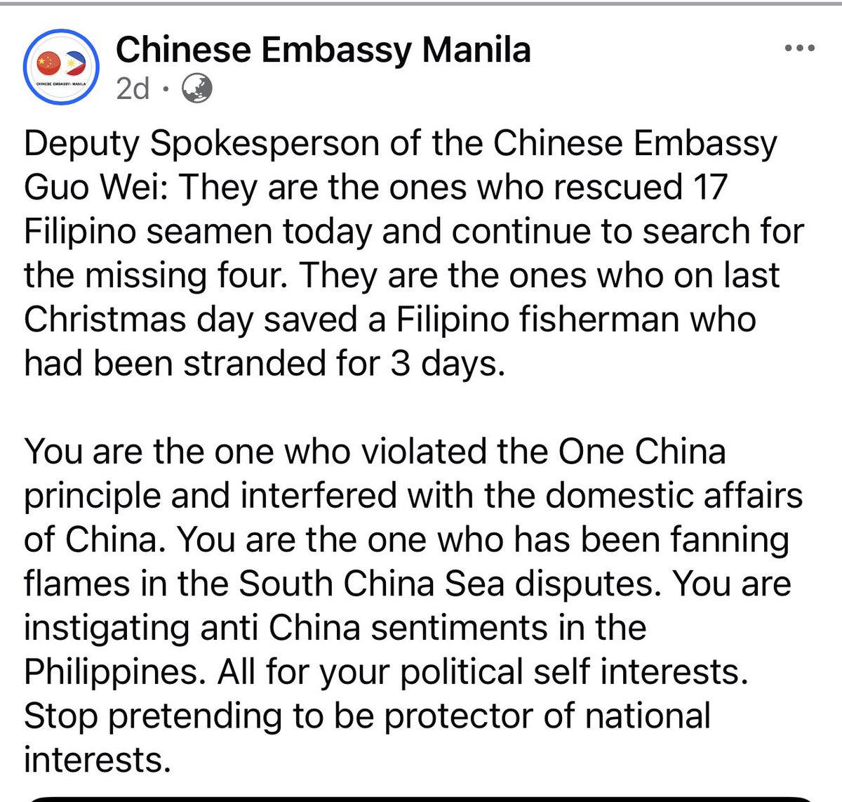 jaytaryela's tweet image. The Chinese Embassy’s brazen and abrasive statements against our elected Senators constitute a blatant act of disrespect toward Philippine elected officials in our own soil.  As Filipinos, we must recognize that this attack on our sitting Senators by foreign diplomats is not…