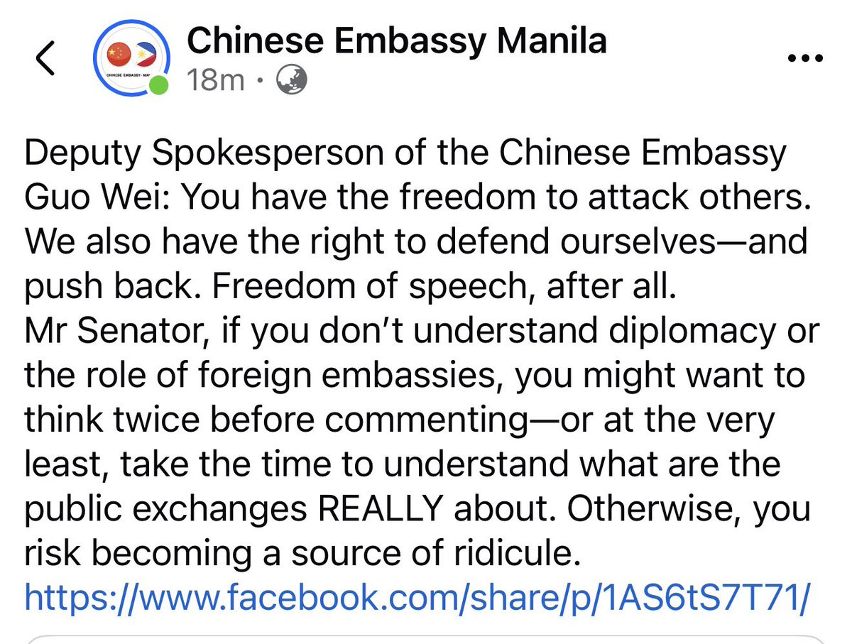 jaytaryela's tweet image. The Chinese Embassy’s brazen and abrasive statements against our elected Senators constitute a blatant act of disrespect toward Philippine elected officials in our own soil.  As Filipinos, we must recognize that this attack on our sitting Senators by foreign diplomats is not…