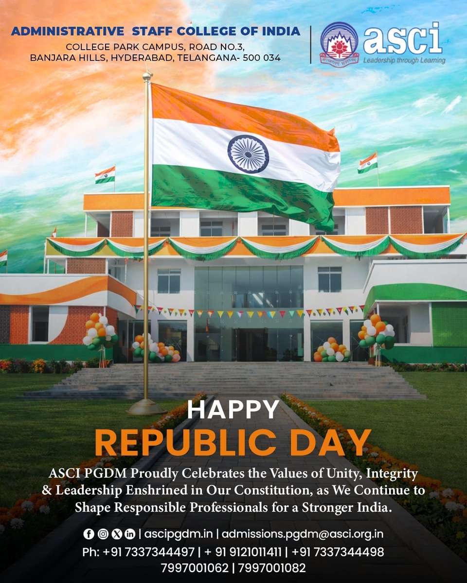 ascipgdm's tweet image. Let us come together to honour our nation and its democratic ideals.

Wishing everyone a proud, progressive, and joyful Republic Day. 🇮🇳

#republicday #happyrepublicday #ascipgdm #ascihyderabad #leadershipthroughlearning #futureleaders #managementeducation #pgdmstudents