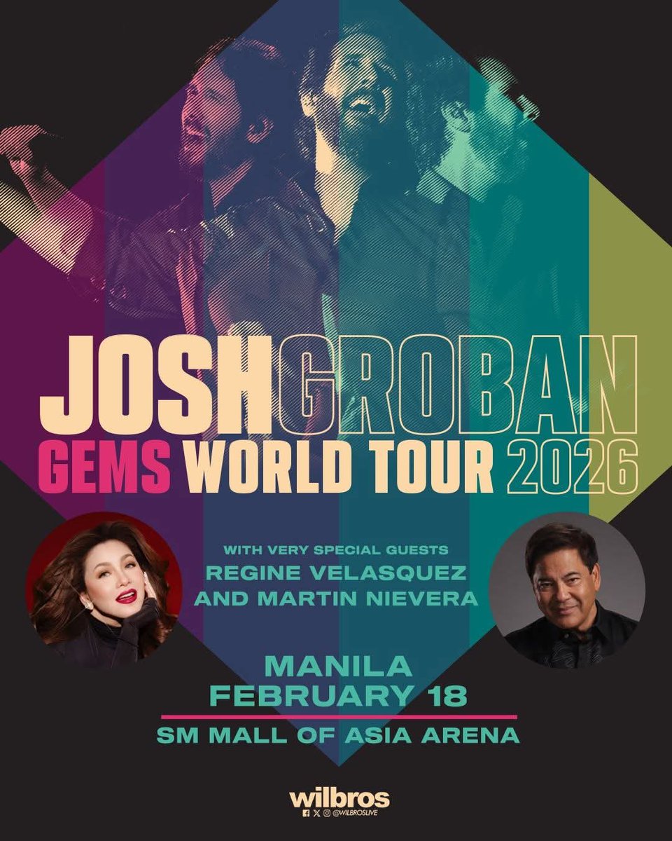 Tony, EMMY &amp; 5x GRAMMY nominee Josh Groban brings the GEMS World Tour to Manila with his very special guests <a href="/reginevalcasid/">regine alcasid</a> and <a href="/4eversinging4u/">martin nievera</a>! ✨

🗓 Feb 18, 2026
📍 MOA Arena
💎 Presented by Wilbros Live

For Tickets, visit smtickets.com/events/view/16… or any SM Ticket outlet.