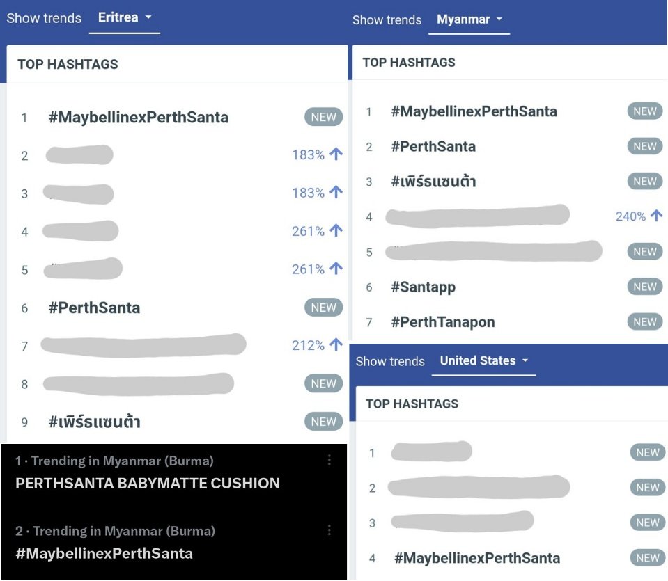 📈 Trend update currently (at 12:50 PM)

#MaybellinexPerthSanta
#1 🌎 Worldwide 
#1 🇹🇭 Thailand
#1 🇮🇩 Indonesia 
#1 🇨🇭 Switzerland 
#1 🇪🇷 Eritrea 
#1 🇲🇲 Myanmar 
#1 🇦🇺 Australia 
#2 🇲🇾 Malaysia 
#3 🇧🇭 Qatar 
#4 🇸🇬 Singapore 
#4 🇧🇴 Bolivia 
#4 🇺🇸 United States ⬆️
#9 🇵🇷 Puerto Rico