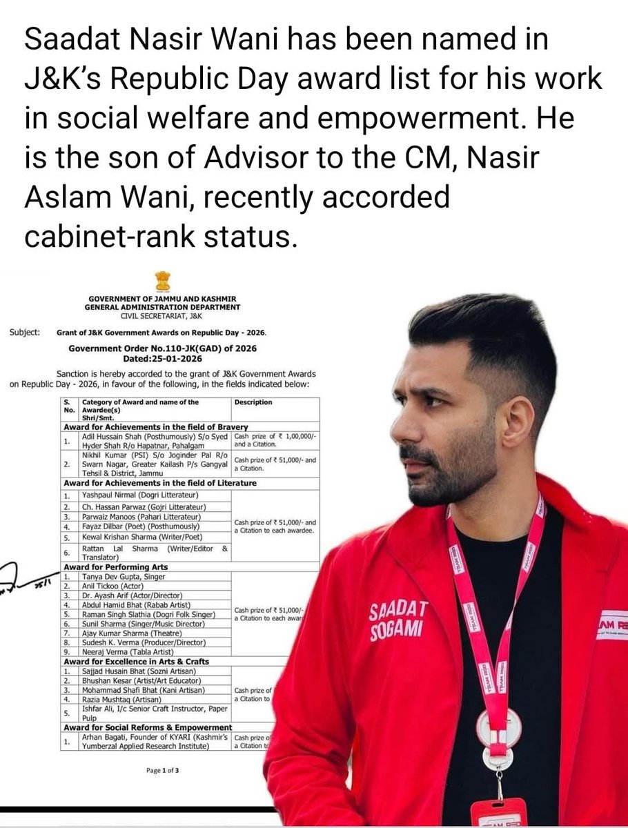 Kashur_mamluk's tweet image. Can anyone tell me what this person has done to be named in the J&amp;amp;K Republic Day award list, apart from playing a sports match with JKNC MLAs?

Why is Omar Abdullah so generous with this father-son duo? Despite Nasir losing three elections badly?
Something's fishy.
#fraud