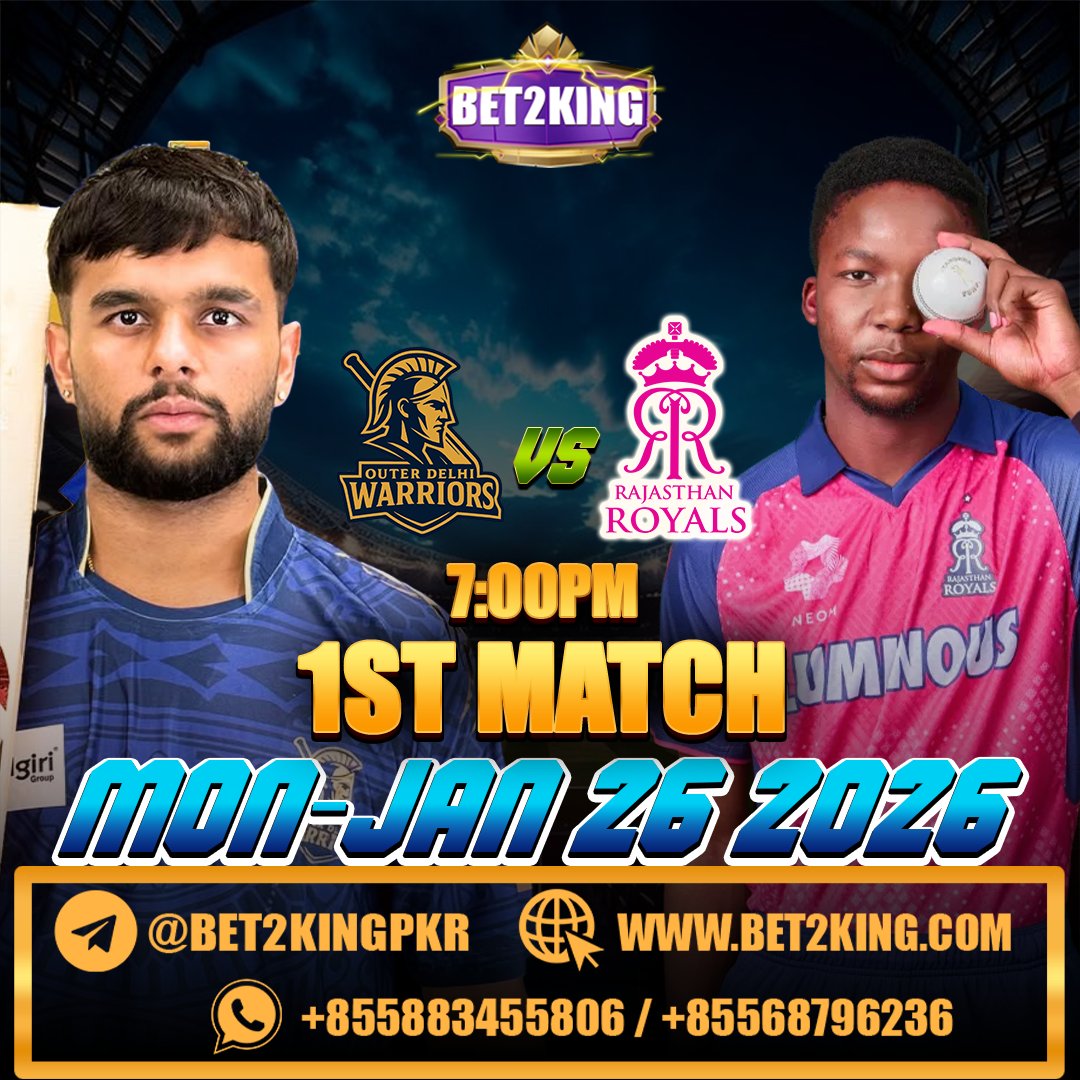 bet2king99's tweet photo. 1st Match • Big Start • Bigger Wins! 💥

Outer Delhi Warriors 🆚 Rajasthan Royals 

🎯 Live match betting
⚡ Fast withdrawals
💰 Real cash winnings 

#Bet2King #ODWarriors #RajasthanRoyals #CricketBetting #LiveMatch #OnlineGaming #PlayAndWin #RealCashGames #SportsBetting https://t.co/d4Lfy1rdi3