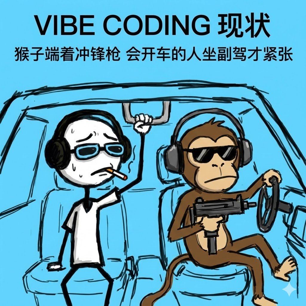 mferbuff's tweet image. 当前描述 Vibe Coding 现状最传神的两句话：

1. 猴子端着冲锋枪

2. 会开车的人坐副驾才紧张