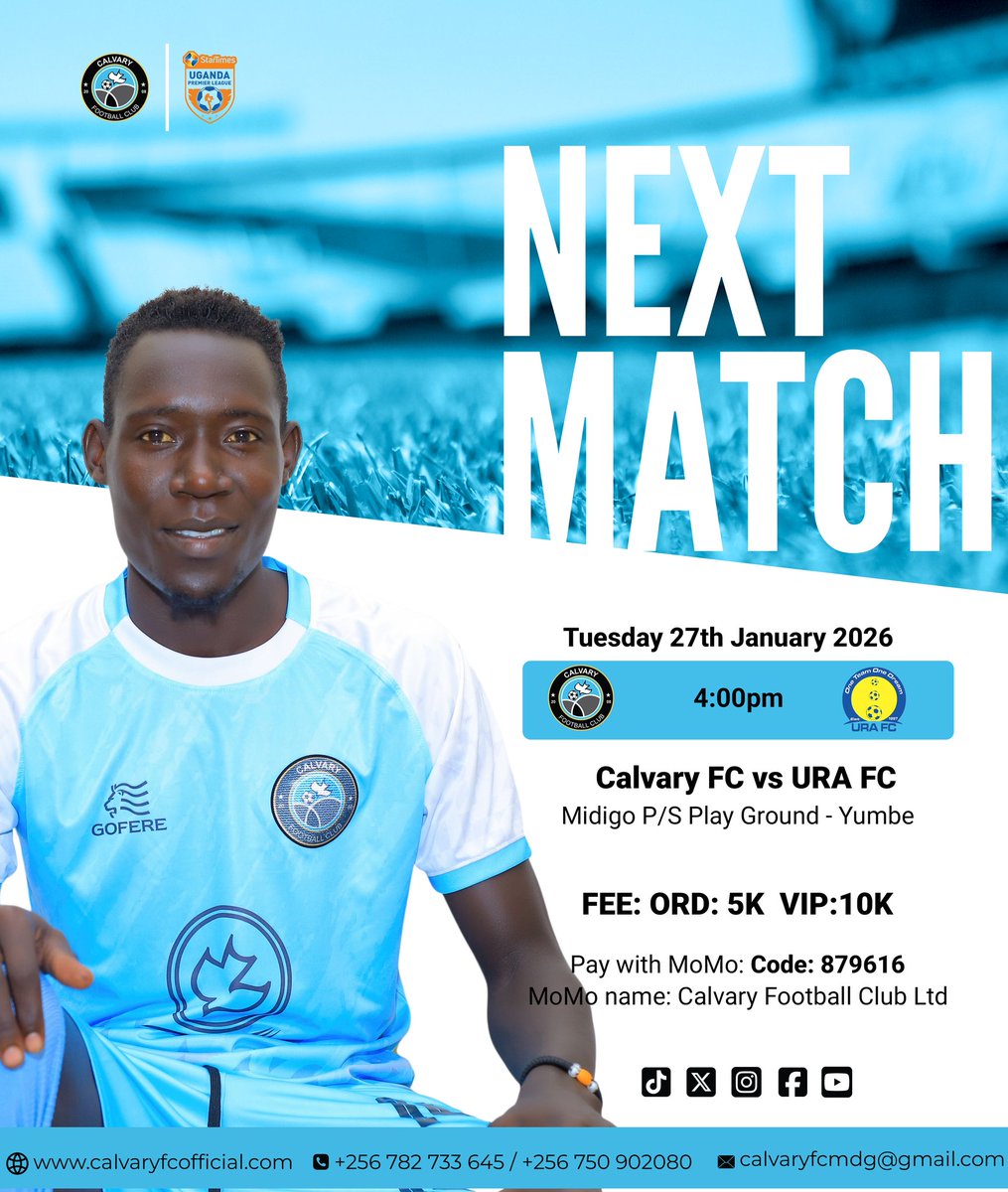 calvaryfcm's tweet photo. Next match!

Tomorrow, 27th January 2026, we shall host @URAFC_Official at Midigo primary school playground 🏟 

KO: 4:00pm

See you at Midigo primary school tomorrow!

#CalvaryFC #TheHorizonStars https://t.co/x4XsGPvQhu
