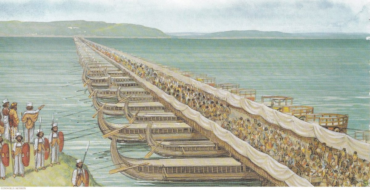 HeraklesCithare's tweet image. Printemps 480 av. J.-C. : les ingénieurs du Grand Roi Xerxès dressent un pont de navires long de 1200m sur le détroit des Dardanelles - la mer d’Hellé antique - dont la construction est décrite en détails par Hérodote :

« Voici comment ils s’y prirent. Ils attachèrent ensemble…