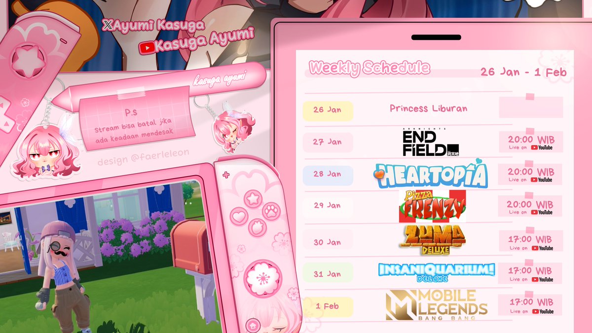 Skejul yumi buat minggu ini~  

[TAG]   
General : #PeriYumi  
Live : #YumichanLive  
Clips : #Yumiclip  
Fanart : #ArtisticPeri  
Meme : #ketawabarengYumi  
Fan Name : #YumiSpartans  
Roleplay : #Yumiroleplay