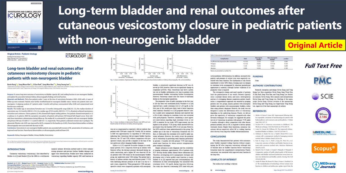 icurology's tweet photo. Long-term bladder and renal outcomes after cutaneous vesicostomy closure in pediatric patients with non-neurogenic bladder
🌷https://t.co/MwMVyXoKzw
Investig Clin Urol. 2026;67(1). Kevin Kang
#Kidney #NeurogenicBladder #UrinaryBladder #Vesicostomy https://t.co/BIvbSHLfKi